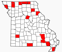 Missouri county map with red on those counties with over 100% population registered to vote.